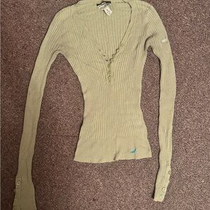 Vintage Hollister Women's Green Ribbed V-Neck Top